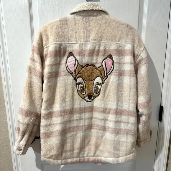 Disney x Forever 21 Cream and Pink Sherpa Bambi Flannel Jacket Sz S.